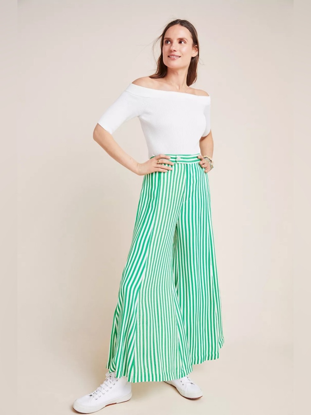 NWOT Anthropologie Mackenzie Striped Extra Wide Green/White Gaucho Crop Pants 10